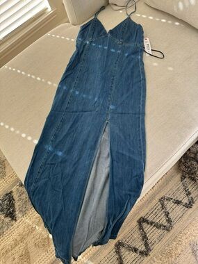 Alice + Olivia Indigo Denim Midi Slip Dress with Front Slit